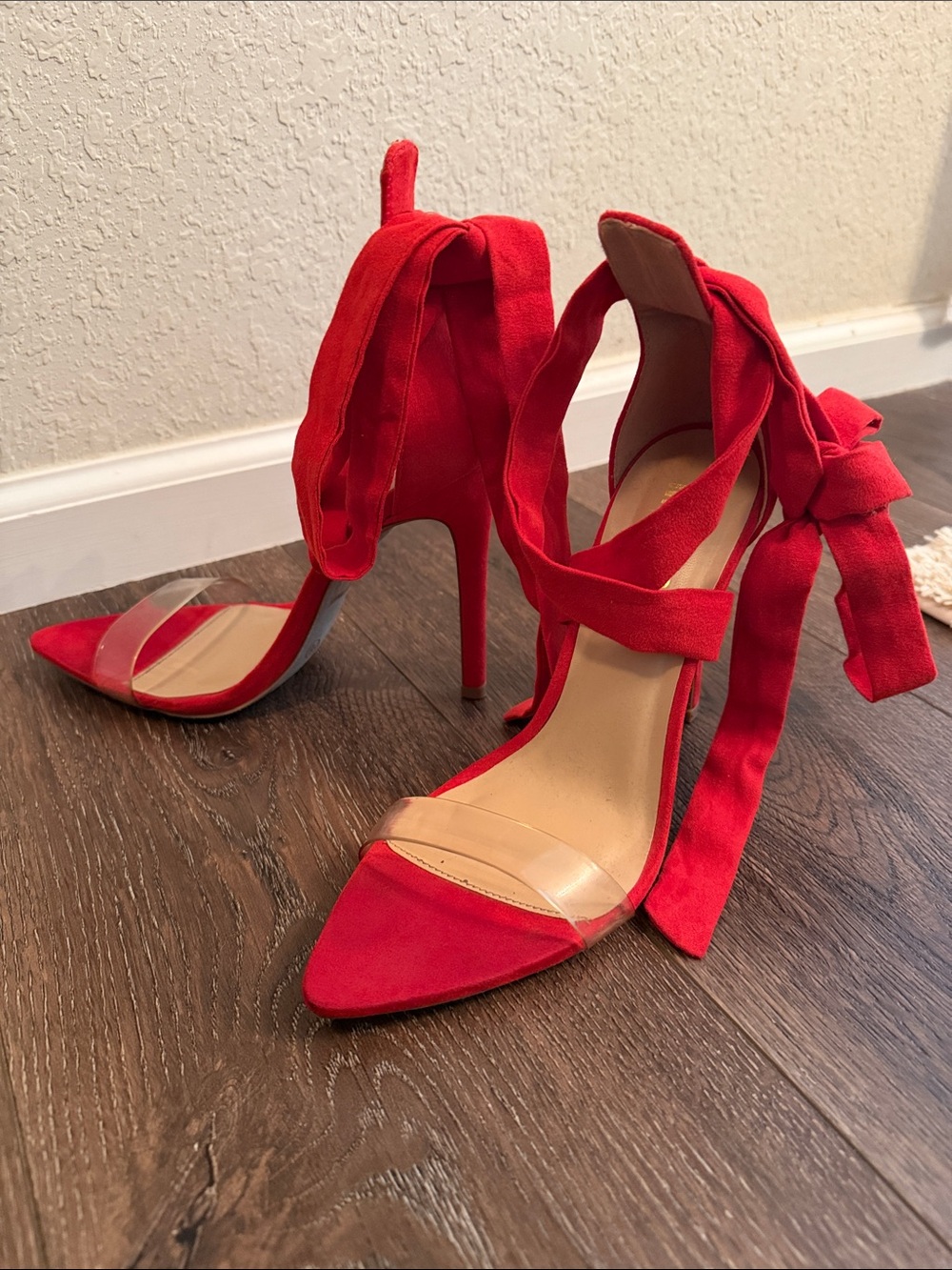 Miss Lola Red Tie-Ankle Stiletto Heels with Clear Toe Strap